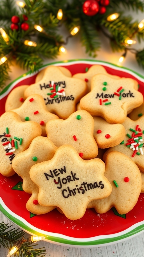 A plate of golden brown Christmas cookie doodles decorated with colorful sprinkles, set against a festive holiday backdrop.